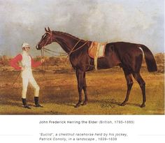 a painting of a man standing next to a horse