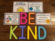 the words be kind are arranged on top of each other in different colors and shapes