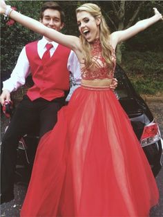 Custom Made High Neck 2 Pieces Long Red Prom Dress, 2 Pieces Red Formal Dress Sparkle Formal Dress, Long Red Prom Dress, Two Piece Prom Dresses, Pageant Dresses For Teens, Dress For Teens, Two Piece Prom, Red Evening Gowns, Prom Dresses Red, Dresses Tulle