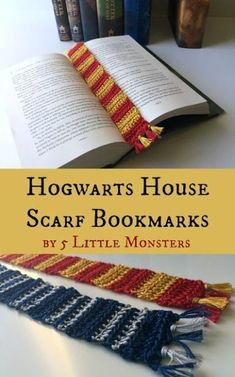 the hogwart's house scarf bookmarks are made with yarn and crochet