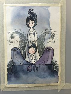 a watercolor painting of two women and three seagulls on a blue background