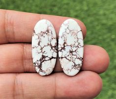 two small white and brown marbled pieces in someone's hand