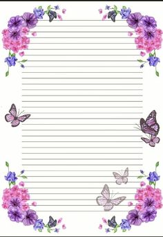 a lined paper with purple flowers and butterflies in the center, on a white background