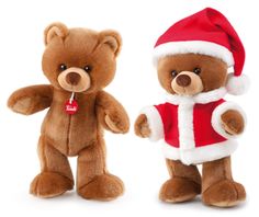 two brown teddy bears wearing santa hats and holding hands