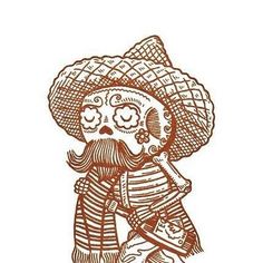 a drawing of a skeleton wearing a sombrero