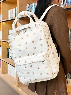 BirdinBag - Fashionable Bear Pattern Backpack for Students: Ideal for College, University, High School, Outdoor Adventures Cute Rectangular Ladies' Backpack, Cute Backpack With Zipper Closure For School, Cute White Backpack For Study, White Portable Backpack, White Softback Backpack For Study, White Backpack With Zipper Closure For Students, White Backpack With Zipper Closure, White Backpack With Zipper Closure For Study, Cute Compact White Backpack