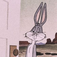 a cartoon rabbit is standing in front of a door and looking up at the sky