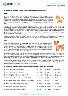 ESL Reading Comprehension Worksheet - Reading Comprehension Exercises - Pre-intermediate (A2) - 25 minutes In this reading comprehension worksheet, students read a passage about two pets and then complete a number of reading comprehension exercises based on the text. English Reading Skills, Esl Reading Comprehension, Unseen Passage, Esl Materials, Esl Reading, Comprehension Exercises, English Reading, Comprehension Worksheets, Reading Worksheets