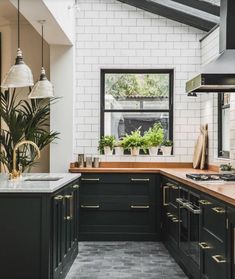 a kitchen with black cabinets and white brick walls is pictured in this image, there are potted plants on the counter