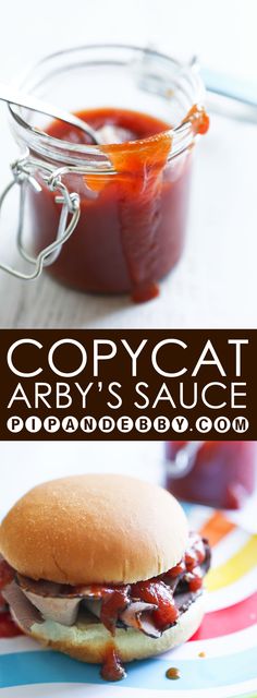 copycat arby's sauce is on the table next to a sandwich with meat