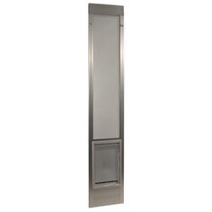 a tall stainless steel door with a window on the bottom and an opening at the top