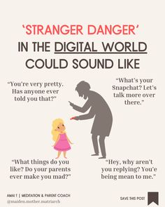 a poster with an image of a man holding a child's hand and the words, danger danger in the digital world could sound like