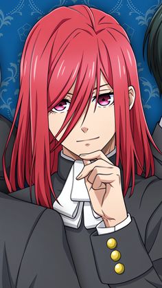 an anime character with long red hair and pink eyes, wearing a black suit while sitting in front of a blue background