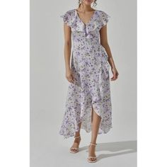 Astr The Label Satin Women's Tie-Back Flutter-Sleeve Faux Wrap Midi Dress Sz M New Without Tags Length Shoulders: 12" Sleeve Length: 6.5" Armpit To Armpit: 17" Length: 55" A Ruffle-Trimmed Collar And A Flouncy, Ruffle Hem Give A Charming Shape To A Floral-Print Wrap-Style Dress. * Surplice Neck * Back Tie Closure * 100% Polyester * Dry Clean Cheap Lavender Floral Print Dress, Women's Tie, Astr The Label, Wrap Midi Dress, Womens Tie, Tie Backs, Style Dress, Ruffle Hem, Flutter Sleeve