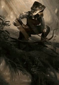 a painting of a man with a bow and arrow in the woods, aiming at something