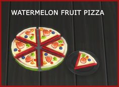 a piece of fruit pizza sitting on top of a wooden table