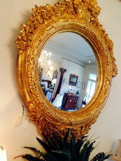 a mirror is hanging on the wall above a potted plant in front of it