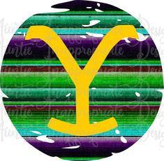 the letter y is painted on top of a colorful striped circle with an arrow in it