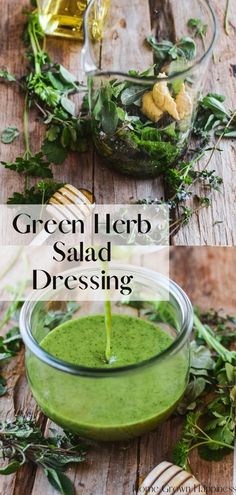 green herb salad dressing is being poured into a glass bowl