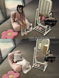 three different images of a woman sitting on a chair with her legs crossed and holding a pillow in front of her face