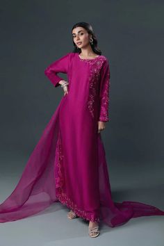 Exquisite ZOE PINK  Korean Raw Silk Ensemble with Cutwork & Sequins  | Luxury Collection - Latest Pakistani Punjabi Suits Salwar Kameez Designer Wear. Resham Embroidery, Luxury Pret, Shirt Trouser, Wedding Types, Silk Trousers, Organza Dupatta, Silk Dupatta, Cut Work, Pakistani Fashion