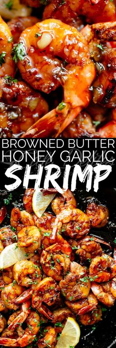 grilled honey garlic shrimp on a grill with lemon wedges