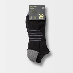 Why we're ALL IN: Designed for workouts, long commutes and everyday wear, these no-show socks are made from a soft cotton and recycled polyester blend with added spandex for cool comfort and flexible movement. The pack includes 6 pairs of tagless socks in a solid color with contrasting stripes on the arches. The no-show design allows for confident wear with shoes of all types. All in Motion™: Made for every move, priced for every day. Functional Slip-resistant Gym Socks, Functional No-show Running Socks, Anti-odor No-show Workout Socks, Comfortable Anti-odor Functional Socks, Functional Anti-odor No-show Socks, Functional Anti-odor Comfortable Socks, Sporty No-show Anti-odor Socks, Functional No-show Workout Socks, Comfortable Moisture-wicking Gym Socks