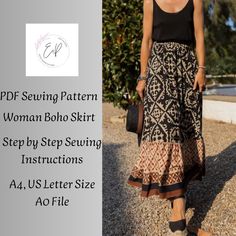 a woman wearing a skirt and black top with the words pdf sewing pattern on it