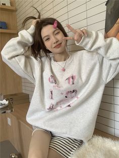 Cute Dog Print Y2K Sweatshirt - Pastel Kitten Cute Cat Cartoon, Streetwear Korean, Rash Guard Swimwear, Harajuku Women, Winter Streetwear, Cat Cartoon, Aesthetic Hoodie, Harajuku Streetwear, Sweatshirt Women