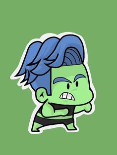 a cartoon character with blue hair and an angry look on his face, wearing a black shirt