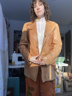 "Classic 70's leather jacket. Perfectly soft leather, silky satin lining, some stains/wear that adds to the character, but nothing that detracts from the wearability. Tagged 42L, fits up to women's L. shoulder to shoulder 18\" Bust 43\"  Waist 38\" Length 34\" Sleeve 26\"" Edwardian Corsets, New Frock, Edwardian Blouse, Bonnie Cashin, Western Jacket, High Neck Blouse, Vintage Sweaters, Soft Leather, 1970s