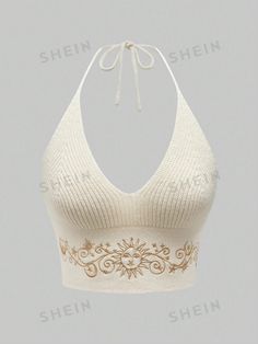 ROMWE Hippie Summer Sexy Embroidered Backless Halter Knitted Top | SHEIN USA Fitted Embroidered Tank Top For Beach, Fitted Sleeveless Knitted Crop Top, Fitted Knitted Sleeveless Crop Top, Knitted Fitted Sleeveless Crop Top, Fitted Embroidered Crop Top For Beach, Summer Embroidered Knit Tops, Fitted Embroidered Knit Tops, Hippie Summer, Top Shein