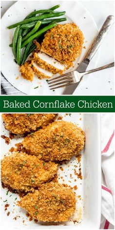 baked cornflake chicken on a plate with green beans