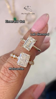 three different types of engagement rings on someone's finger with the words emerald cut, lab diamond and moissanite