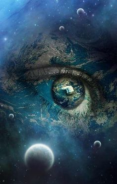 an eye with the words not only are we in the universe, the universe is in us