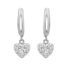 With a heart-shaped charm filled with stunning diamonds, the Etta earrings add a romantic touch to every outfit. These beautiful diamond heart drop earrings will add character and sparkle to your everyday collection.  Available in 10K and 14K yellow gold, white gold, and rose gold Length: 15. 94 mm / Width: 5. 42 mm  SI1 Diamond Clarity  H-I Diamond Color  Total Carat weight: 1/10 CT  Ethically sourced materials and conflict-free diamonds  Fully compliant with The Kimberley Process To keep your Luxury Cubic Zirconia Double Heart Earrings With Heart Charm, White Gold Double Heart Earrings With Heart Charm, Double Heart Earrings With Cubic Zirconia Heart Charm, Double Heart Charm Earrings With Cubic Zirconia, Fine Jewelry Double Heart Earrings With Diamond Accents, White Gold Diamond Heart Earrings With Matching Pair, Heart-shaped Halo Earrings In Fine Jewelry Style, Fine Jewelry Heart-shaped Earrings With Halo Design, White Gold Heart Earrings With Heart Charm