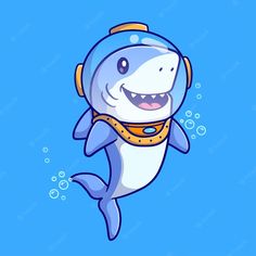 a cartoon shark with headphones floating in the water, smiling and wearing a life jacket