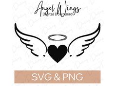 svg and png angel wings with a heart on the middle, in black