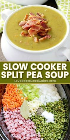 Slow Cooker Split Pea Soup pin collage Split Pea Ham Soup, Split Pea And Ham Soup, Pea Soup, Split Pea, Crock Pot Soup