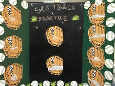 a chalkboard with baseball mitts and softballs on it that says softball practice