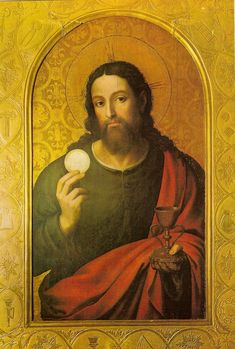 a painting of jesus holding an egg in his hand