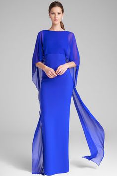 Color_Cobalt Scuba Gown, Royal Blue Evening Dress, Silver Shoe, Chiffon Cape, Formal Wedding Guests, Dazzling Dress, Teri Jon, Sheath Gown, Column Gown