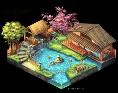 an illustration of a japanese village with a pond and waterfall in the center, surrounded by trees