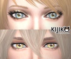 two images of the same person's eyes, one with blonde hair and blue eyes