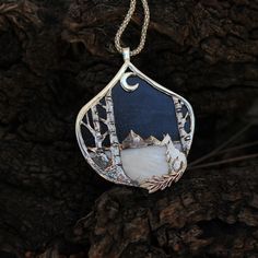 Unique piece made of silver 925 ,black aventurine and motherperl.  This unique piece represents a fox in the snow, in a birch forest looking at a starry night Black Nature-inspired Jewelry, Fox In The Snow, Birch Forest, A Starry Night, Animal Motifs, Top Ideas, Wire Crafts, The Snow, Pendant Necklaces