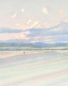 a pastel drawing of a person walking on the beach