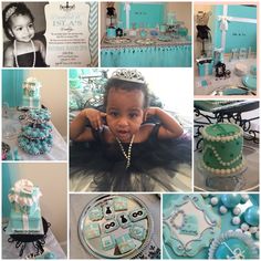 there is a collage of pictures with blue and white items on it, including cakes