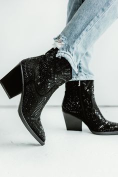 Discover a world of glamour with the stunning Madison Rhinestone Booties. Sparkle and shine with these fashionable womens booties, featuring rhinestones, glitter, a side zipper, and a stack heel. Perfect for a night out or a concert, make a statement with the stylish Madison. Get ready to turn heads! Womens Booties, Sparkle And Shine, Wallet Bag, Black 7, Sweater Blouse, Black Booties, Boot Sandals, Stacked Heel, Bag Straps