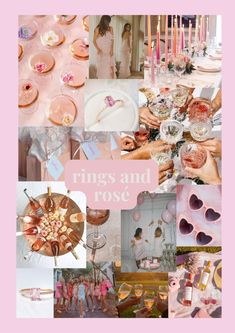 a collage of photos with pink and gold items on them, including candles, plates, cups, and other things