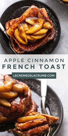 apple cinnamon french toast on a black plate